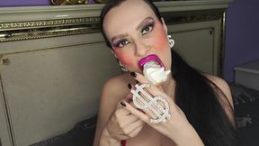 Big-lipped Bimbo with Glossy Lipstick Eats Ice Cream