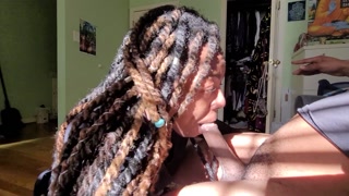 Ebony Baby Sitter Sucks, Swallows, and Plays with Cum