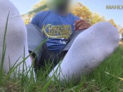 TINY WHITE ANKLE SOCKS - AMAZING TICKLE TOOL PICKED UP WHILE WALKING - MANLYFOOT - 🪶 🦶