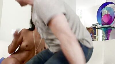 Luscious blonde slobbers on a huge black dick and takes a hammering