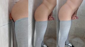 gozando forte com consolo na parede e meia