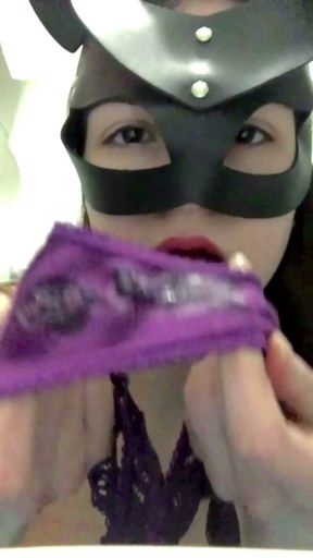 POV Brunette sniffs her dirty panties and then licks her panties close-up. Dirty talk in Russian, girl peeing   Clip 1