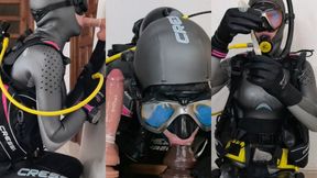 Scuba diver double dildo blowjob & covered in cum