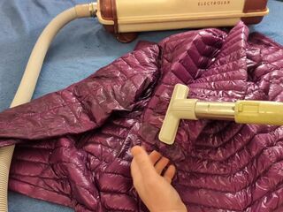 Vacuuming Girlfriend's Pink Ghost Whisperer Down Jacket with vintage Electrolux