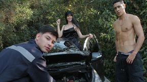 Slutty nympho gets wrecked by two dudes on a public spot like a dirty, used sex toy