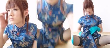 Japanese crossdresser in blue satin cheongsam gets destroyed on camera