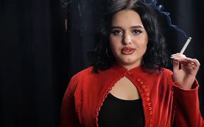 Curvy Brunette Smoking in Red Cardigan
