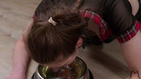 ritzy rain walked on leash drooling with a ball gag in her mouth before she fucked deep in her throat and moped in bowl of masters piss