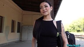 PublicAgent - Asian Japanese beauty Rae Lil Black seduced outdoors, fucked on platform during day, creampie in her pussy&#x270C;