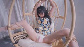 Asian Girl Enjoys Rattan Chair Rope Bondage Roleplay - Arms Raised, Sheer Pantyhose & Passionate Tease 34 Min