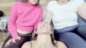 TWO CRUEL MISTRESSES SPITTING ANGRILY IN PAOLA'S FACE AND MOUTH - BY BABE AND ISABELITA - CLIP 5