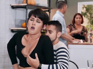 Small tgirl Daisy Taylor rides mans jock during family