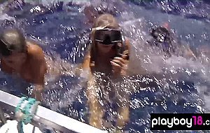 Nude badass Taylor Seinturier diving into the ocean to meet with a shark