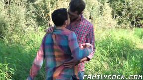 Cute stepson lured by daddy in the forest for bare fucking