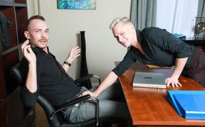Sensual blonde lover lets co-worker lick and fuck that ass over the desk