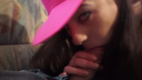 Blowjob with pink baseball cap POV