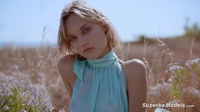 Slim skinny Russian teen's romantic solo in beautiful outdoors