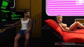 3d dickgirl android plays with a sexy young blonde in the sci-fi bedroom