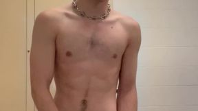 Cute twink jacks off in a public bathroom with the door open