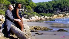 Dark Skin Beauty Rides Huge Pole Outside on Beach in Cowgirl Style