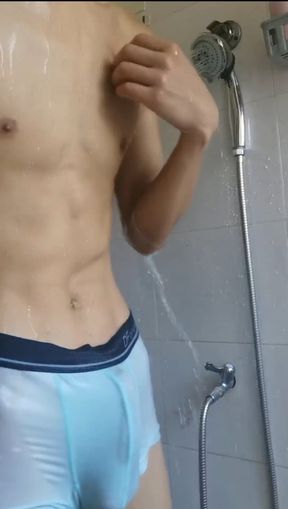 Handsome Chinese boys show big dick in bathrooms and dormitories, ejaculating semen.