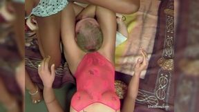 Two Ebony Amateurs Facesit a White Guy with Legs and Pantied Pussies