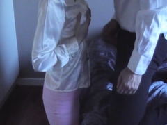 Skirt suit, satin blouse, panties, clothed cum on blouse