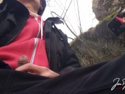 Gay Asian twink Jon Arteen wanks outdoor winter risky, ruined orgasm, big cumshot cleans sperm thigh