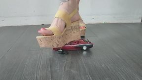 Giantess goddess Charlie Caroline Crushes a 1970 Ford Cuda in big strong wedges with painted toenails close ground view