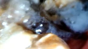 Medical endoscopy PillCam in Full Screen - Eating Pizza with onions and pieces of sausage live digestion 1080HD