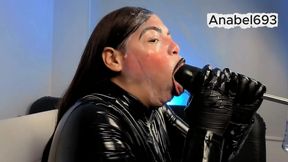 A Demon Dressed in Latex, Latex Gloves, a Latex Suit, and Black Lips, Sensually Sucks Your Cock and Spits Saliva and Semen on Me