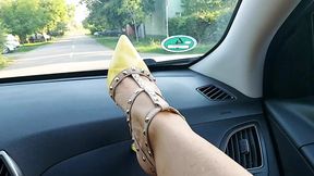 Sexy milf in short skirt and high heels masturbates in a taxi on the way to work. Part.2
