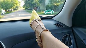 Sexy milf in short skirt and high heels masturbates in a taxi on the way to work. Part.2