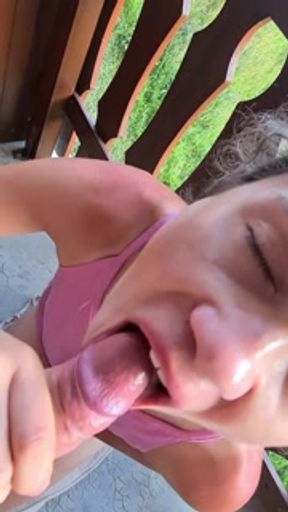 Wonderful blowjob on the balcony with a mountain view !