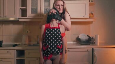 Gloved Stepmom Covers Stepdaughter Mouth In Kitchen