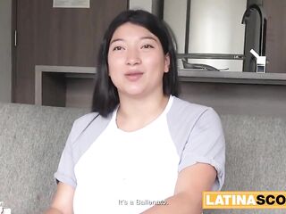 Massive Melons Colombian Brunette hair Drools On Penis In Homemade Try-out