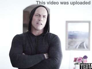 Slutty manipulative dude breaks in to a big bazookas MILFs house and screws her hardcore in there