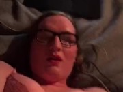 Sissy gurl in glasses cums all over herself!