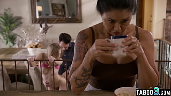 Dude bangs teen Coco Lovelock and his Asian MILF wife's assholes