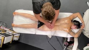 A woman came to a masseur, after a short massage she massaged his penis, he fucked her in the mouth, and then he came in her pussy