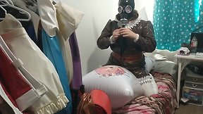 Pvc inflatable tail, brown fox, sissy maid gas mask breathplay, pillow humping