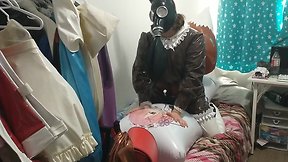 Pvc inflatable tail, brown fox, sissy maid gas mask breathplay, pillow humping