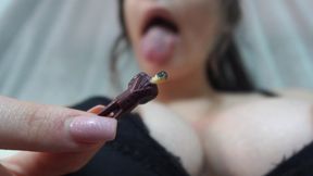 Giantess stepsister looks at tiny stepbrother like candy then takes him in her mouth like candy and starts sucking him then realizes he's not candy and humiliates tiny stepbrother