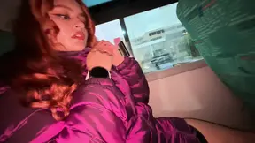 Cutie gives sloppy blowjob on real bus with others nearby