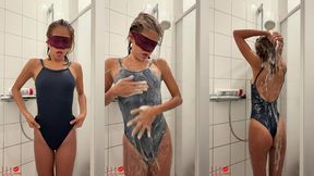 clothed shower in swimsuit – skinny asian wants you to watch her petite body in soap shower