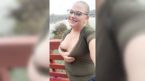 Blonde bbw milf shows soft small tits big nipples outside