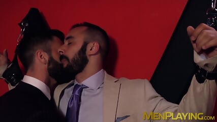 Bondage with two classy dudes ends with some nice hard anal