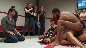 Lesbian wrestler ties opponent and lets public finger drill her then gangbang fuck and double penetration on mats