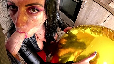 Shiny Inflatable Balloon Fetish. Leather Smoking, Spitting and Double Cum Licking
