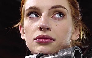 Gagged redhead with shackled limbs